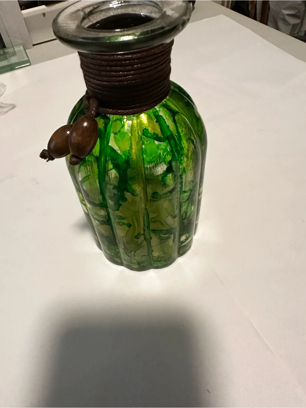 Hand crafted Green Decorative Glass Bottle Vase with Rope Accent